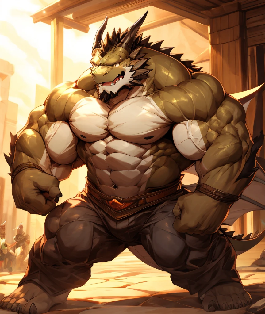 

Dragon Orc，Strong body，muscular，Like a born strong man。His skin looks healthy and fair...，Muscle and fat intertwined，Create unique skin texture，Perfect and powerful。

His arms are as strong as iron pillars，Well-defined muscles，It seems to contain infinite power。Palms are generous，Sharp fingers and claws，Showing his wildness and strength。

He has a big heart，Muscle bulge，As if it could withstand any impact。Very good abdominal muscles，腰部Full of power，Like an indestructible mountain。

His legs are muscular，Seems to be able to overcome any obstacle。Calf muscle lines are smooth，Full of power，A dragon that looks strong and agile&#39;The tail is strong and powerful，The scales at the end of the tail shone with cold light，Showing his majesty and mystery。

The whole picture is dominated by cold colors..，强调白Dragon Orc的力量和威严。In the treatment of light and shadow，Let the gentle sunshine shine on him，Make his muscles more three-dimensional and vivid。at the same time，Pay attention to his facial expressions and eyes，He showed his perseverance and courage，Like an invincible strongman。