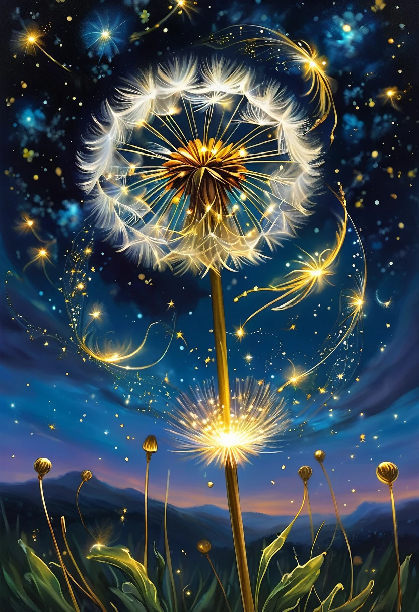 a single, glowing dandelion seed, dreck in a sky of molten gold, launches a shimmering ribbon of whispered whispers across a canvas of swirling constellations. the seed is the size of a small moon, its gentle parachute flickering with the light of a thousand fireflies.