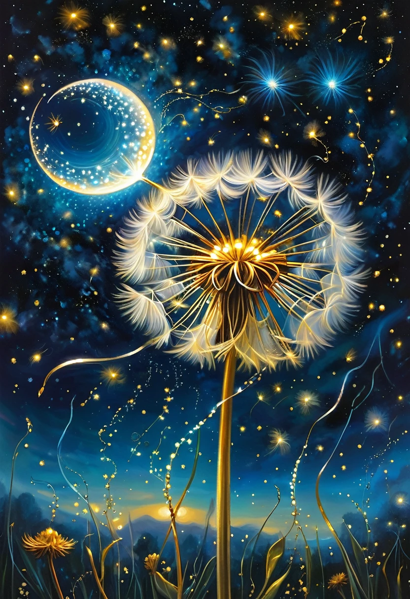 a single, glowing dandelion seed, dreck in a sky of molten gold, launches a shimmering ribbon of whispered whispers across a canvas of swirling constellations. the seed is the size of a small moon, its gentle parachute flickering with the light of a thousand fireflies.