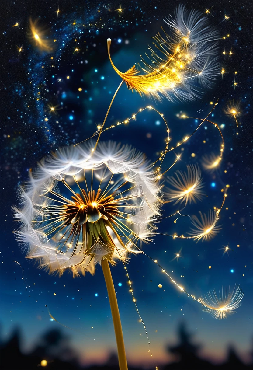 a single, glowing dandelion seed, dreck in a sky of molten gold, launches a shimmering ribbon of whispered whispers across a canvas of swirling constellations. the seed is the size of a small moon, its gentle parachute flickering with the light of a thousand fireflies.