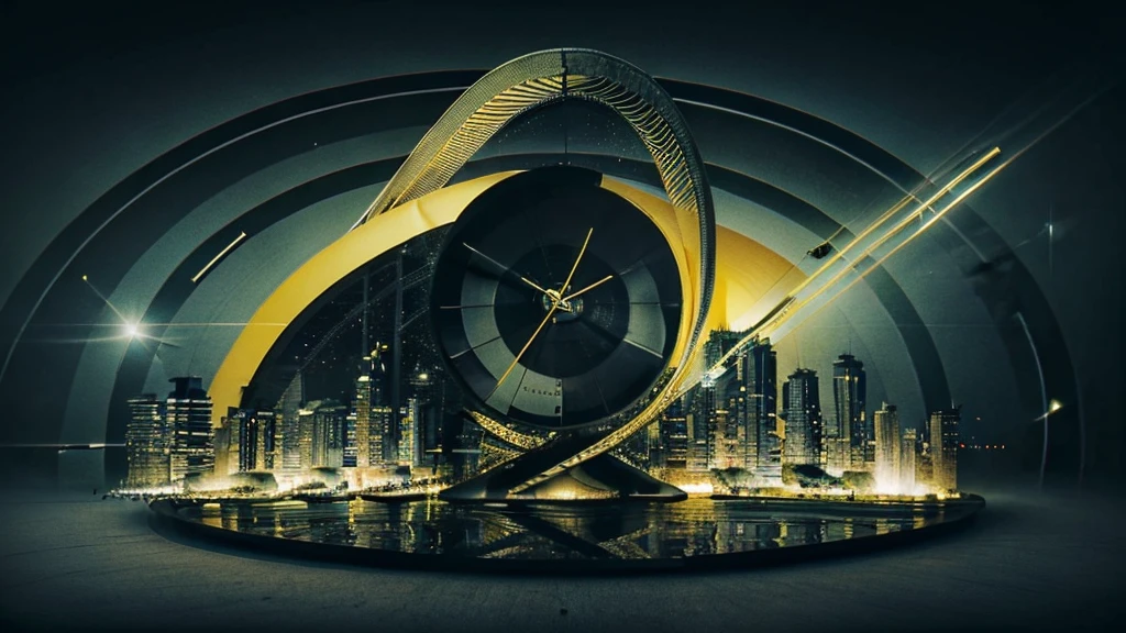 Poster Style，Green Background，Vinyl record combined with clock，Half record, half clock，Reflecting the sense of time travel，Golden text effect for English title on the right，There is a halo of light around the record similar to a black hole，Extremely high definition picture quality，quality，Real texture，Sci-fi style，A little bit of starry sky elements