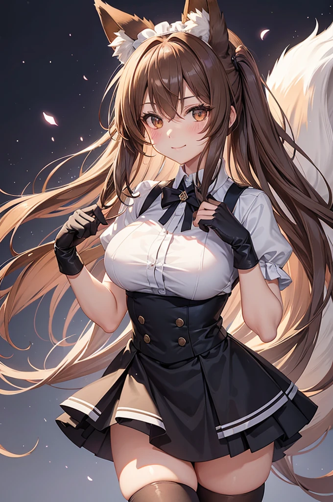 best quality, solo,Franka, 1girl, solo, long hair, breasts, looking at viewer, blush, smile, bangs, skirt, large breasts, simple background, brown hair, shirt, thighhighs, gloves, white background, animal ears, hair between eyes, brown eyes, very long hair, closed mouth, tail, short sleeves, black gloves, elbow gloves, maid dress, animal ear fluff, fox ears, fox tail, fox girl, single thighhigh, grey shirt, asymmetrical legwear,