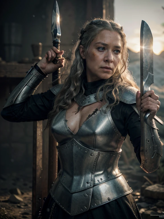 (((Realistic, masterpiece, best quality, crisp detail, high definition, high detail))), 40 years old girl wearing golden armor, japan style heavy armor, full body armor, long straight white hair, dirty, sweating, bloodstained face, bloodstained armor, bloodscattered, bloodbath, carnage, long bloodstained sword, in epic war, fire and smoke everywhere, death anywhere