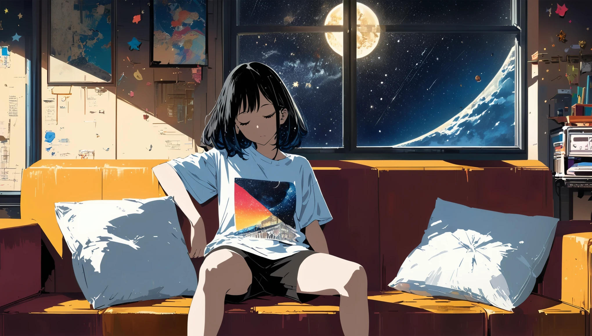 Super detailed:1.3, (Absurd, texture, masterpiece), pixiv Contest Winner, John Berkey, Dynamic cartoon style illustration,Oversized T-shirt、stand lighting、Colored pencil style、Long black hair、play the guitar、sofa、kitten、Night Sky、star、Room with a window、High precision、detailed、８K,Sitting with legs crossed, Starry sky inner hair,Dark aesthetic,Euphoric,Oversized T-shirt,Black shorts,Beautiful woman,Old alley background, Dozing off,Crayon colored Zentangle,overview,Anime key visual,