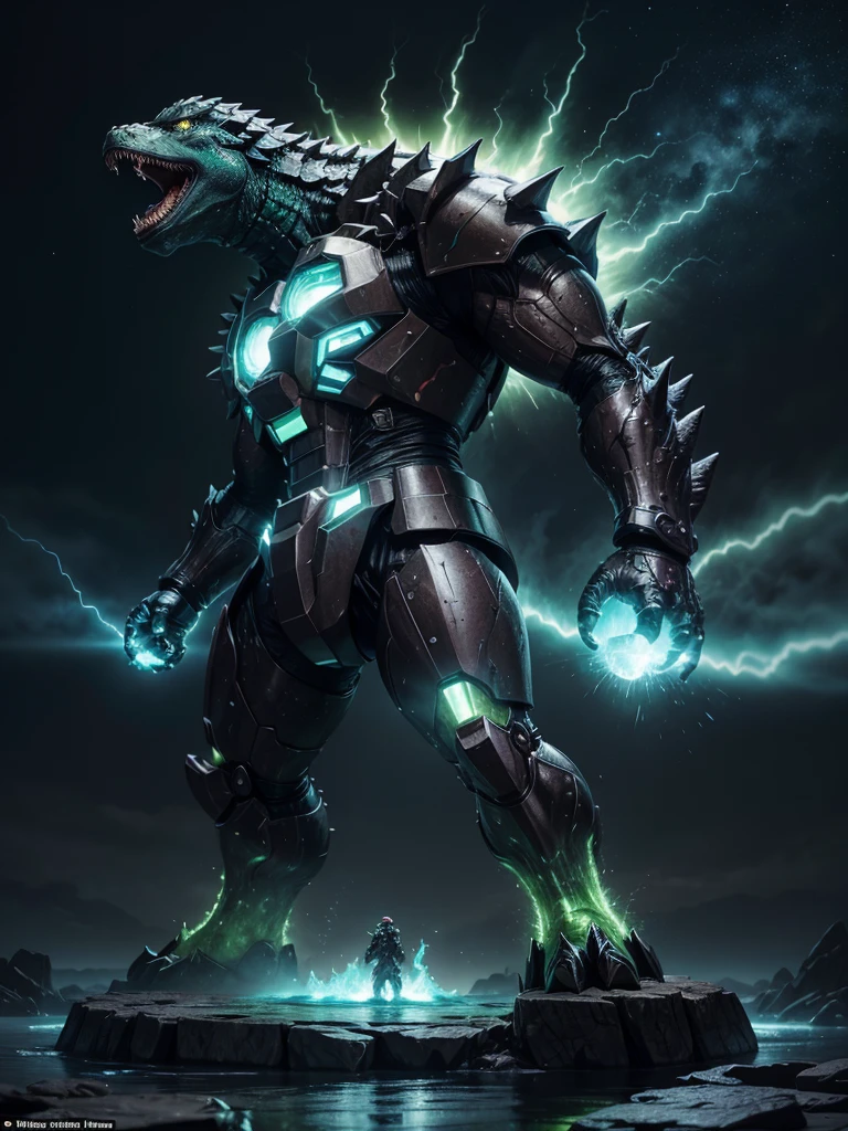 a colossal monstrosity, a fusion between Godzilla and a Gundam, made of radioactive rock. Standing 60 meters tall and covered in an armor of glowing stones and crystals, it emits a radioactive green glow. Gifted with devastating abilities such as radiation breath, powerful tail strikes, radioactive shockwaves and rapid regeneration, he destroys everything in his path. Vulnerable to water and electrical energy, Radiotitan transforms any environment into uninhabitable terrain due to the intense radiation emanating from its body.