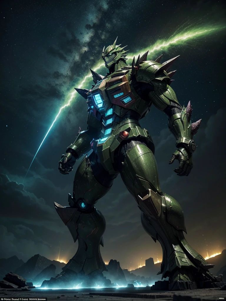 a colossal monstrosity, a fusion between Godzilla and a Gundam, made of radioactive rock. Standing 60 meters tall and covered in an armor of glowing stones and crystals, it emits a radioactive green glow. Gifted with devastating abilities such as radiation breath, powerful tail strikes, radioactive shockwaves and rapid regeneration, he destroys everything in his path. Vulnerable to water and electrical energy, Radiotitan transforms any environment into uninhabitable terrain due to the intense radiation emanating from its body.