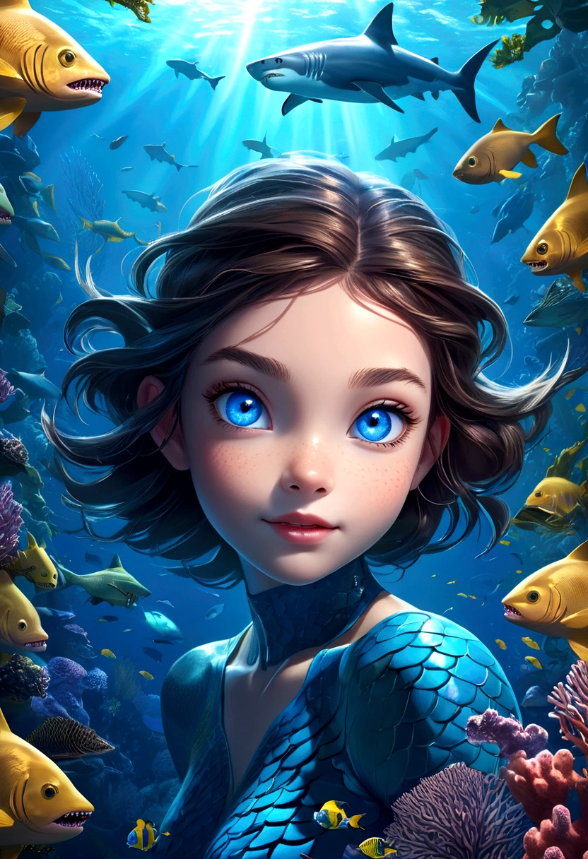 a beautiful girl with shark-like features, glowing blue eyes, sharp teeth, scaly skin, floating in an underwater fantasy scene with kelp, coral, and schools of tropical fish, detailed realistic 3d render, cinematic lighting, vivid colors, concept art style