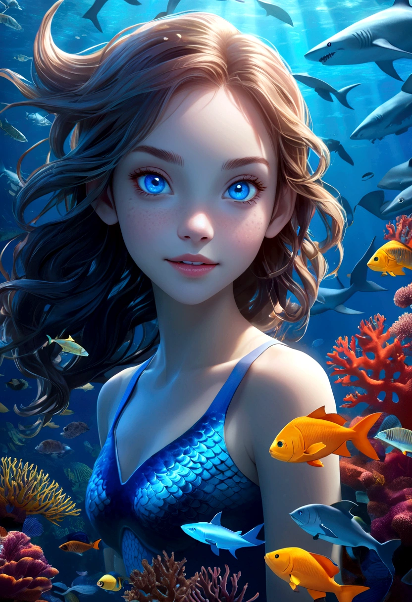 a beautiful girl with shark-like features, glowing blue eyes, sharp teeth, scaly skin, floating in an underwater fantasy scene with kelp, coral, and schools of tropical fish, detailed realistic 3d render, cinematic lighting, vivid colors, concept art style