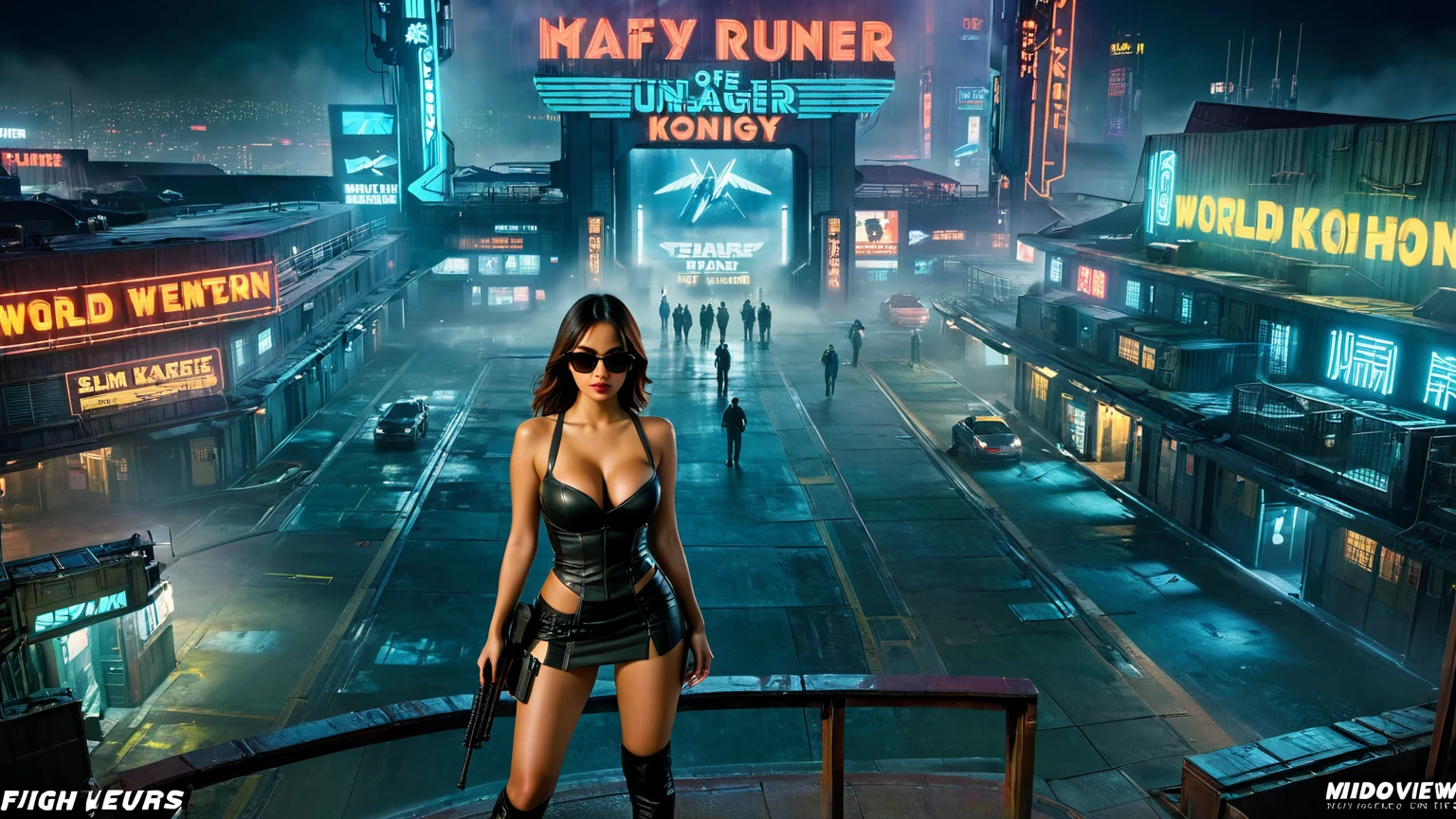 8K, Realistic Skin Texture, Realistic Photo, Neo Hong Kong, (((((1 slim western women, solo))))), large-breast:1.4 cleavage:1.3, AD2050 at night, wearing tube top, miniskirt, (((black sunglasses, automatic rifle, sneakers, cold, standing and shooting pose))), (((((((half-body (thigh level) medium shot))))))), innovative composition, revenge, blurry aerial view of military base, blade runner worldview, large neon sign.