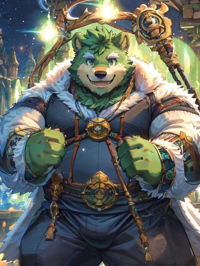 anthro, kemono, male, solo, ((round face, very plump face, thick beard)), (((dark beard))), ((endomorph body type, old-aged)), ((green bear, bear) fluffy fur, fluffy), (at old ruin, dungeons), bokeh, (high quality, highres, masterpiece), (dynamic lighting, vivid color), (generous smile), (face focus), front view (close up), cartoon, (((green bear))), (((green fur))), green hair, beard, white eyebrows, bald, detailed red eyes, tall, black metal staff, (black t-shirt inside), (((white long coat unhood))), by zixiong, by takemoto arashi, by zixiong, (by null-ghost:0.8), (by t.y.stars:0.4), 