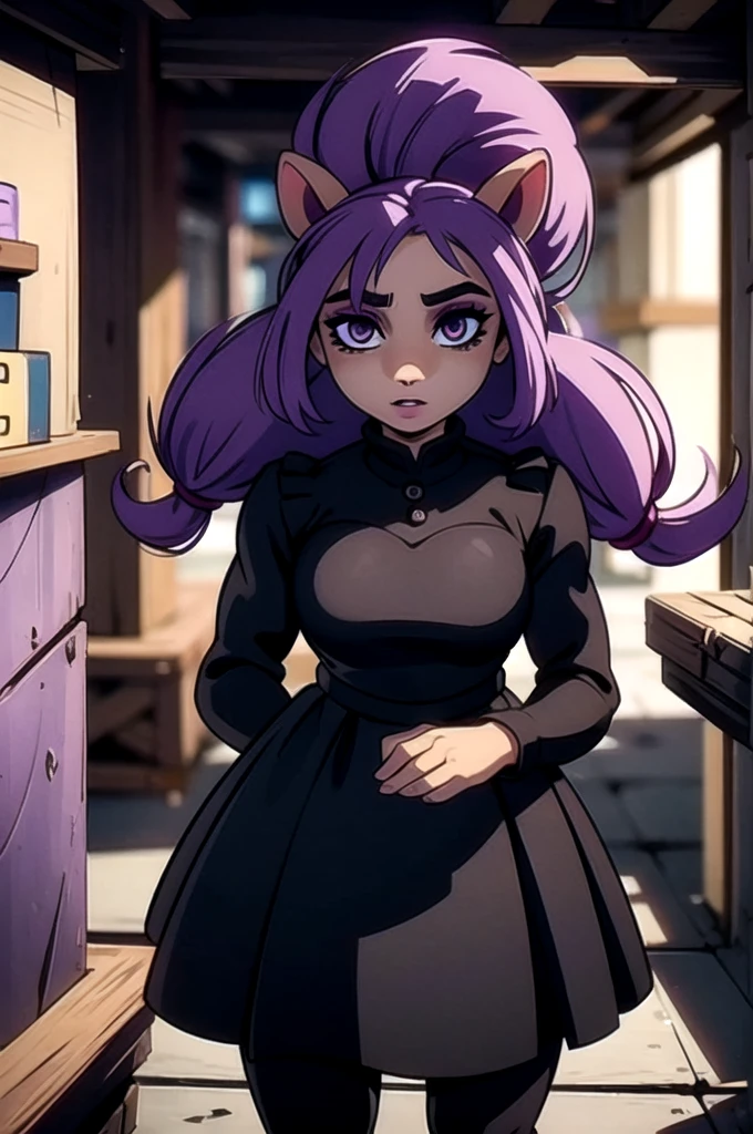 A dark anthro bandicoot girl with beautiful detailed eyes, beautiful detailed lips, extremely detailed facial features, long eyelashes, purple hair, wearing a dark dress, dark glovers, dark skirt, dark tights, and combat boots, beautiful furry girl dark dress, dark glovers, dark skirt, dark tights, and combat boots,