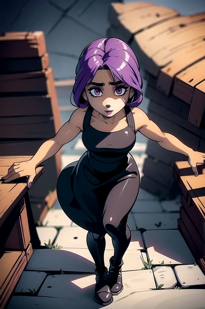 A dark anthro bandicoot girl with beautiful detailed eyes, beautiful detailed lips, extremely detailed facial features, long eyelashes, purple hair, wearing a dark dress, dark glovers, dark skirt, dark tights, and combat boots, beautiful furry girl dark dress, dark glovers, dark skirt, dark tights, and combat boots,