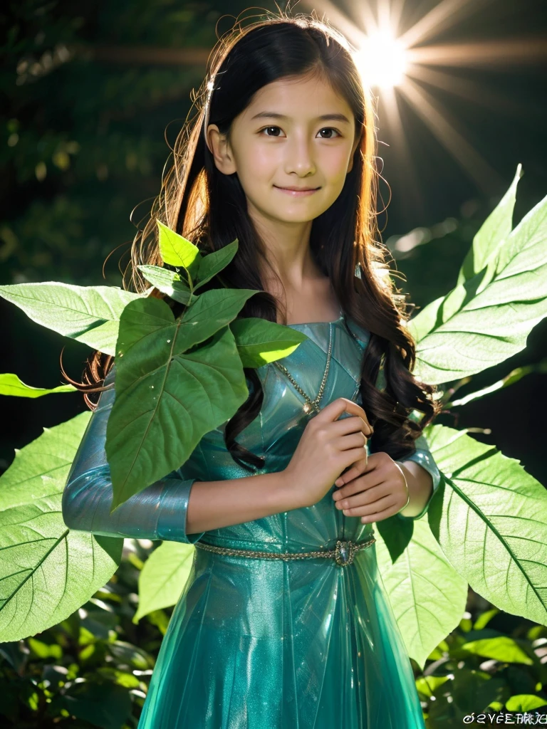 high quality, detailed, masterpiece, highest quality, 8K, Japanese, super beautiful girl, ((((9 years old:1.4)))), fairy, superman, hero, super lady, blushing cheeks, flat chest, large iridescent wings, thin magical clothing, ((clothing made of thin translucent large leaves)), flapping wings, sparkling eyes, clear eyes, soft rounded contours, detailed jawline, depiction from the top of the head to the tips of the toes, forest, a bundle of light sparkling in the dark night, pointed chest