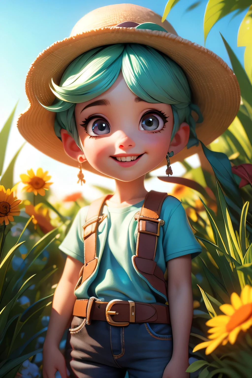 (best quality, 4K, 8K, highres, master part:1.2), ultra detali, (Realistic, photorrealistic, photo-realistic:1.37), frisky, Cartoon, Kizi, smile cute, plein-air, 3D rendering, beautiful detailed eyes, beautiful detailed lips, extremely detailed eye and face, long eyeslashes, brightly coloured, soft lighting, summer scenery, grama verde, lively atmosphere