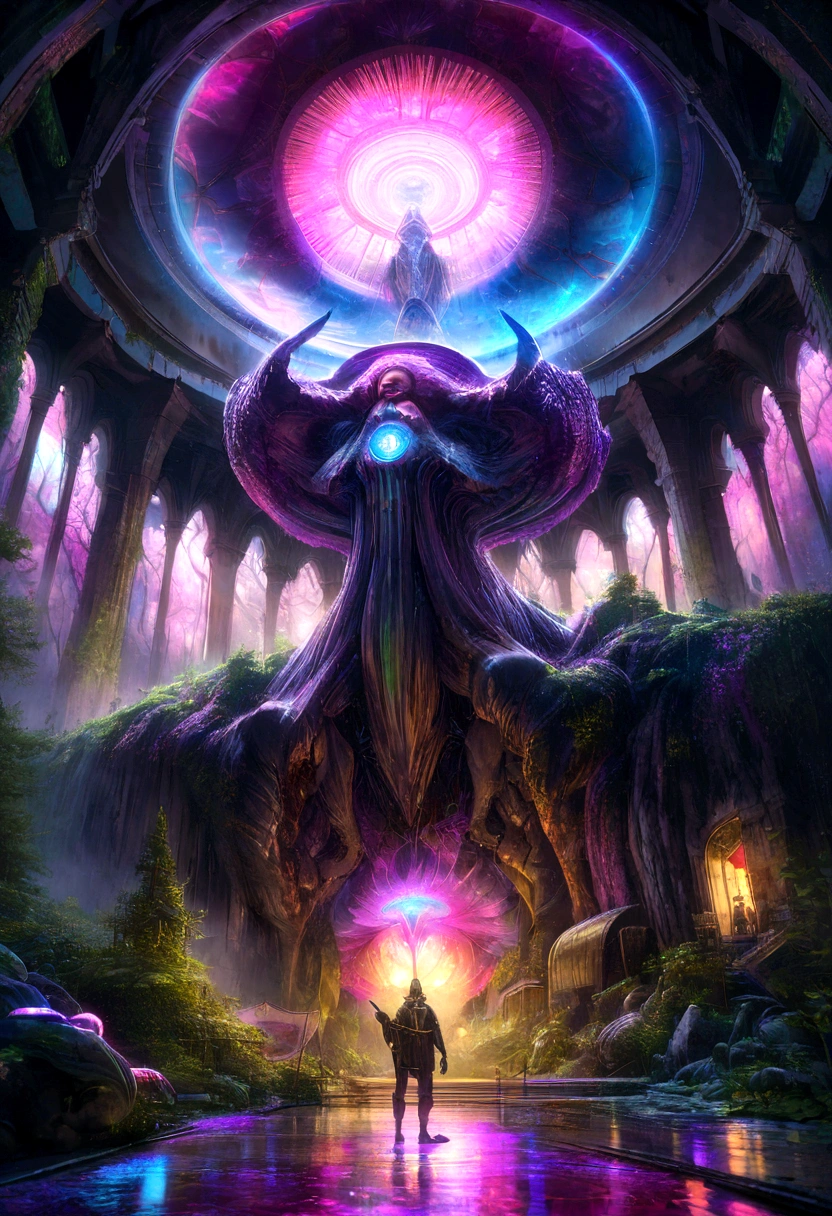 A glowing wizard, grimdark, Cheiron Crush, illustration, Ultra Wide Angle, octane rendering, missing, Items, psychedelic colours, Surrealism, Museum lighting, Ultra-realistic, highy detailed, natural lighting, forest environment, engine unreal, 8K