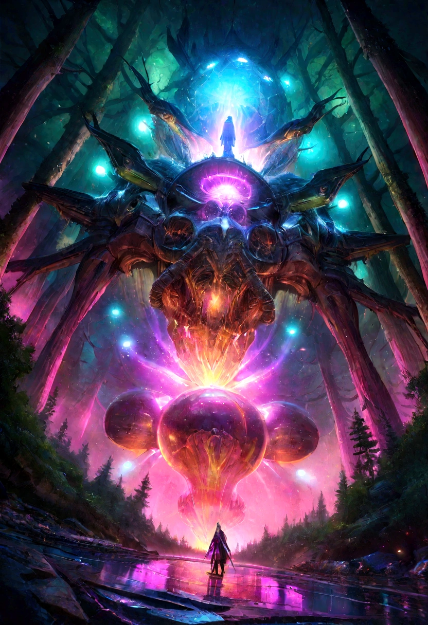 A glowing wizard, grimdark, Cheiron Crush, illustration, Ultra Wide Angle, octane rendering, missing, Items, psychedelic colours, Surrealism, Museum lighting, Ultra-realistic, highy detailed, natural lighting, forest environment, engine unreal, 8K