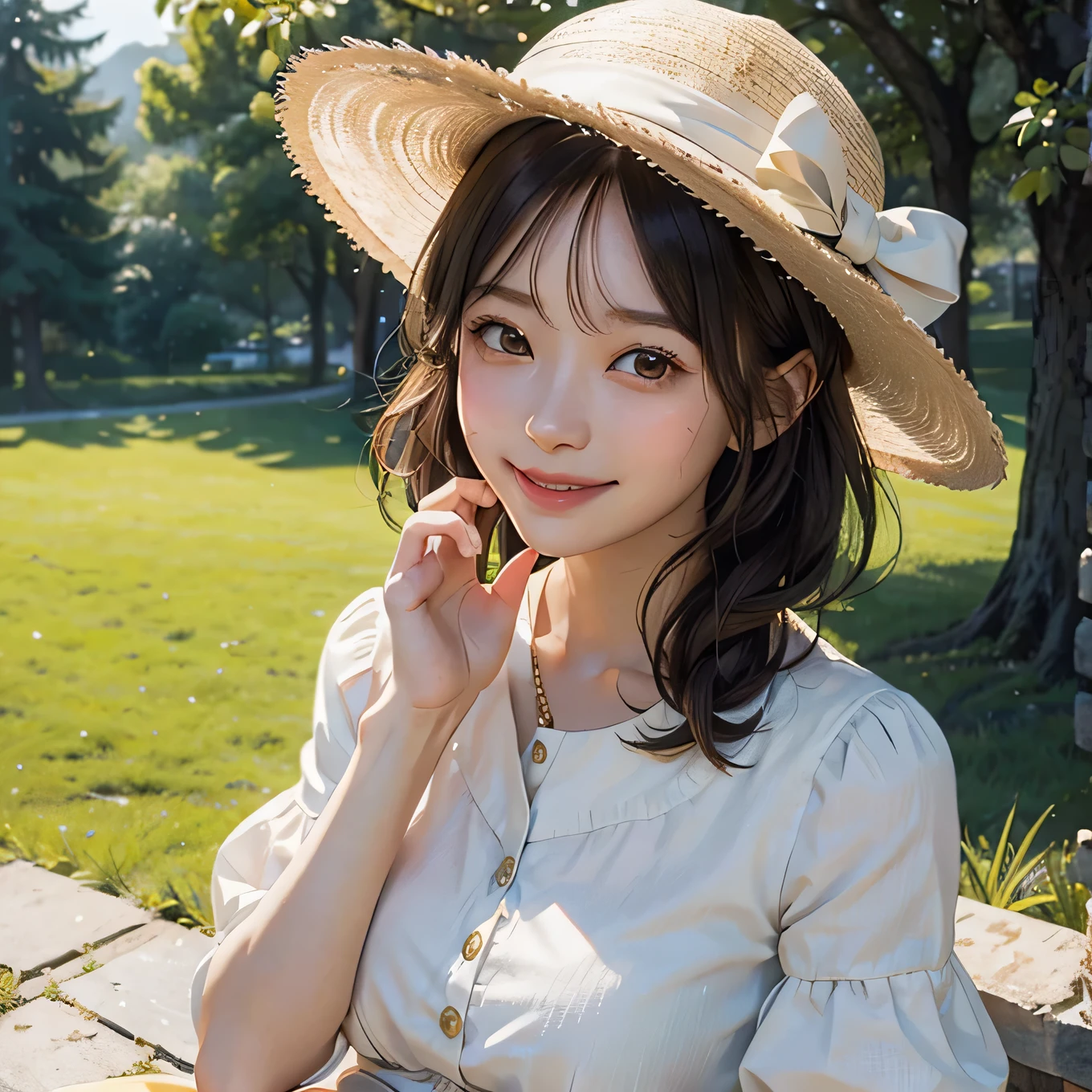 Top quality, 8K, Illustration of light novel style with delicate drawings in the adventure genre. A close-up of the herbalist's face. She is wearing a summer hat and has a feminine bob hairstyle. She is sweating and blushing slightly, but smiling beautifully. Her smile is warm and gentle, showing her white teeth. Her eyes are green and almond-shaped, looking at the protagonist with gratitude and curiosity.medium body