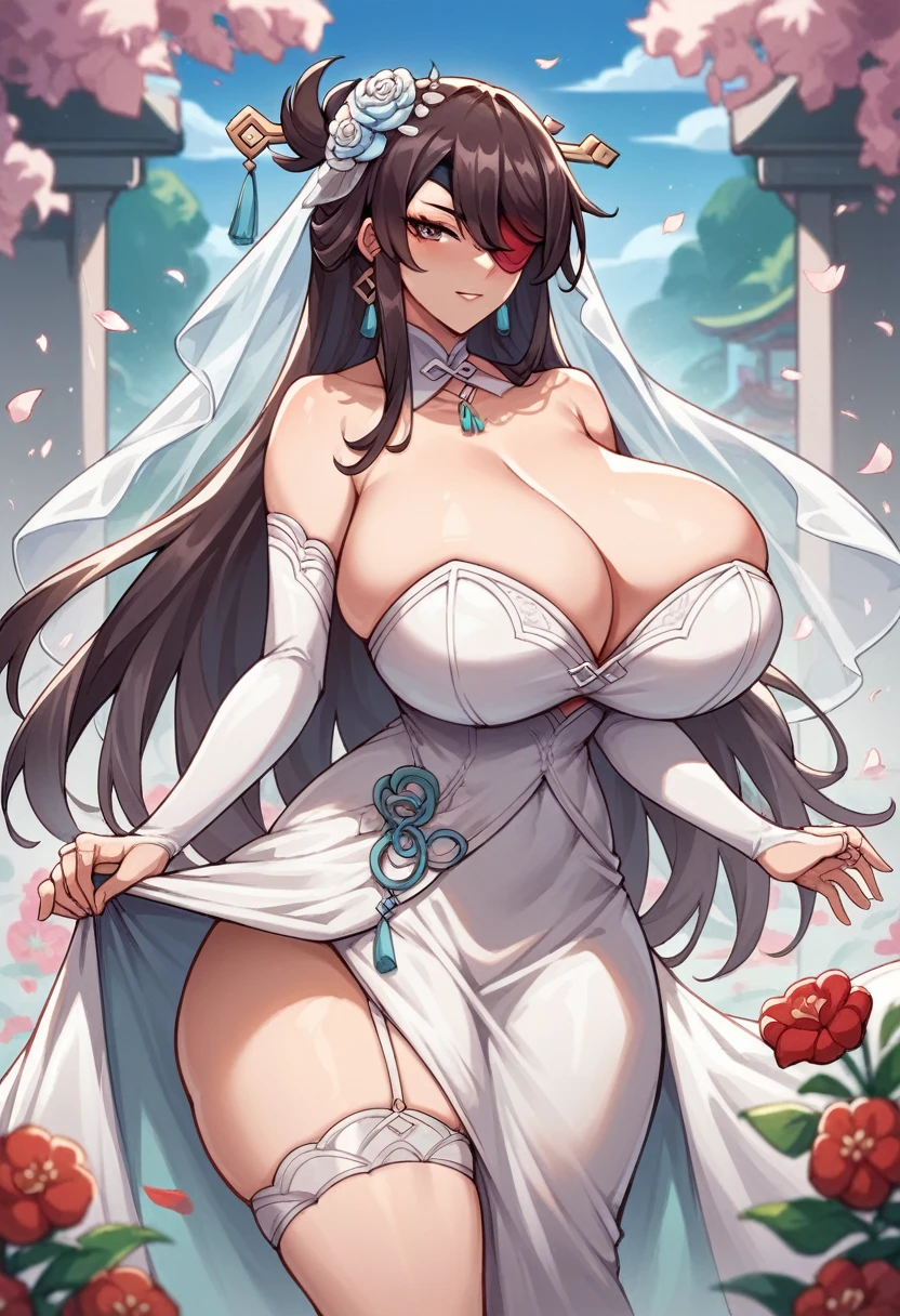 beidou_(genshin_impact) ,Gigantic breasts, thin waist, Gigantic ass, thighs, wedding, wedding dress, flowers, standing, 