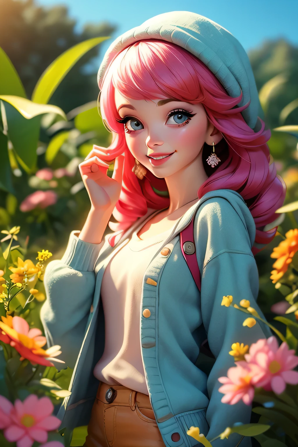 (best quality, 4K, 8K, highres, master part:1.2), ultra detali, (Realistic, photorrealistic, photo-realistic:1.37), frisky, Cartoon, Kizi, smile cute, plein-air, 3D rendering, beautiful detailed eyes, beautiful detailed lips, extremely detailed eye and face, long eyeslashes, brightly coloured, soft lighting, summer scenery, grama verde, lively atmosphere