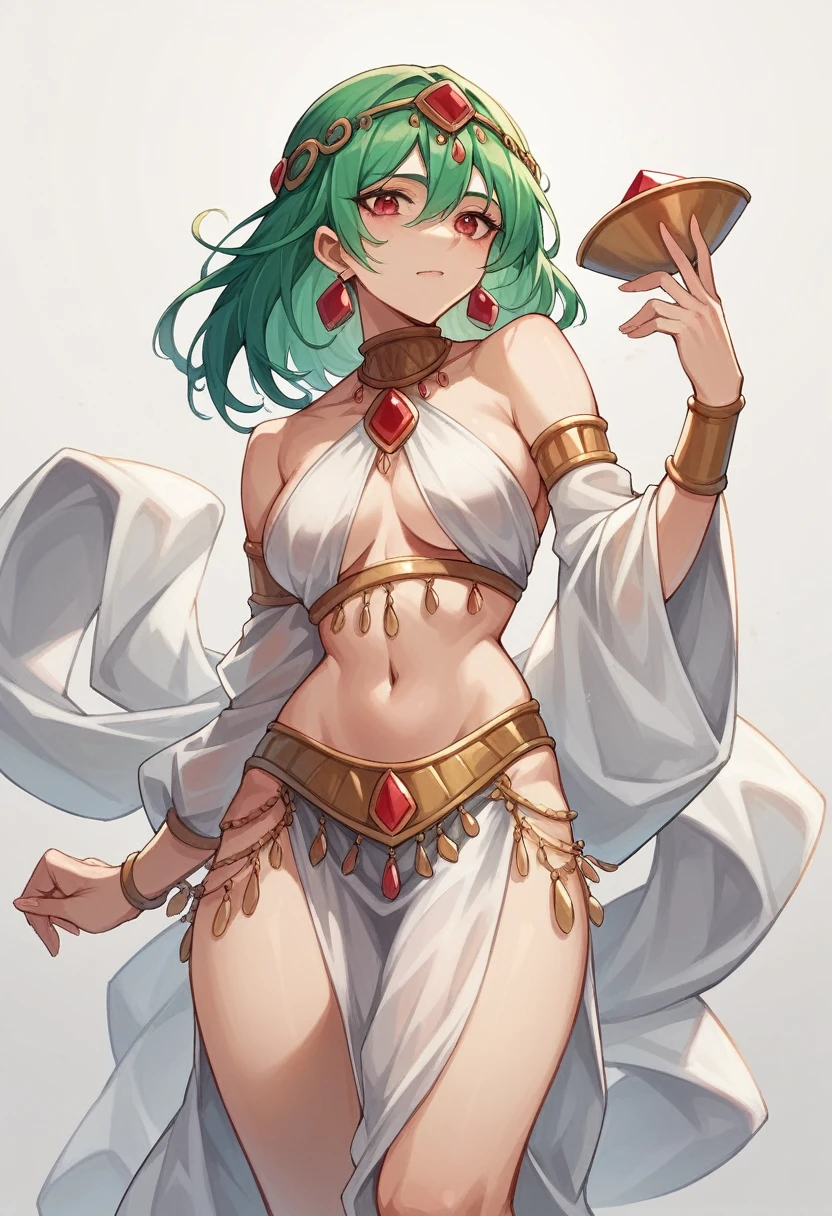 Woman in Arabic Costume,girl(emerald color hair,I tied my hair back.,)Arabian Dancer,Dressed as an emperor,White silk clothing,,Clothing that exposes thighs, Chef's attire, wuxia,Modest chest,Muscular,Larger thighs,Ethnic kitchen,Kitchen in the background,Possession of tray,Detailed ethnic food on a tray