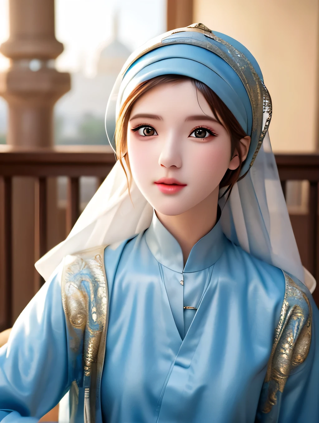 1girl, solo, beautiful face, high detailed realistic eyes, double eyelids, high detailed realistic pupils, upon body from head to waist, (wearing hijab:1.37), (moslem headscarf:1.35), reading glasses, sitting alone on a long chair, amazing mosque park background, taj mahal, best quality, masterpiece, highres, moslem female dress, Beautiful face, (upon body from head to waist:1.37), tyndall effect, photorealistic, dark studio, two tone lighting, 8k uhd, dslr, soft lighting, high quality, volumetric lighting, candid, Photograph, high resolution, 4k, 8k, Bokeh, (hyperrealistic girl), (illustration), (high resolution), (extremely detailed), (best illustration), (beautiful detailed eyes), (best quality), (ultra-detailed), (masterpiece), (wallpaper), (photorealistic), (natural light), (rim lighting), (detailed face), (high detailed realistic skin face texture), (anatomically correct), (heterochromic eyes), (detailed eyes), (sparkling eyes), (dynamic pose)