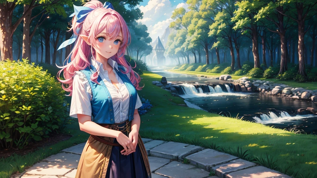 1girl, solo, full body, ((Lord of the Rings)), summer, village, trees, sun, clouds, fantasy, ((colorful hair)), curly hair, ponytail, big full breasts, ((blue vest sweeter)), button down shirt, ((white shirt)), ((short sleeved shirt)), ((unbuttoned shirt)), unbuttoning buttons, cleavage 1:3, blue eyes, skirt, smile, looking at the viewer, standing, hair ribbon, golden necklate