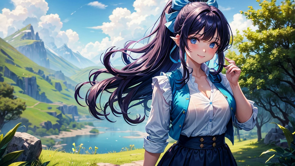 1girl, solo, full body, ((Lord of the Rings)), summer, village, trees, sun, clouds, fantasy, ((colorful hair)), curly hair, ponytail, big full breasts, ((blue vest sweeter)), button down shirt, ((white shirt)), ((short sleeved shirt)), ((unbuttoned shirt)), unbuttoning buttons, cleavage 1:3, blue eyes, skirt, smile, looking at the viewer, standing, hair ribbon, golden necklate