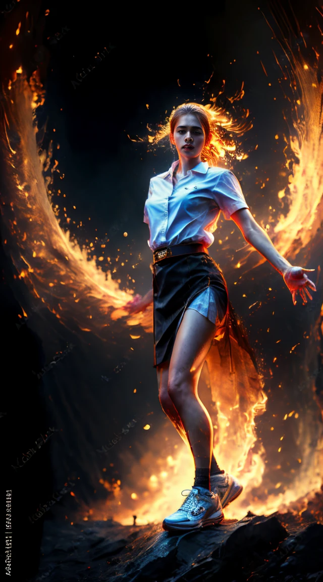 18 year old woman in Thai university uniform, white shirt, black skirt, brown belt, white sneakers, dark background, fire goddess, creating fire from hand, fire on the background, a lot of fire around her body, floating in the air in standing pose, calm face, high detail, realistic, cinematic scene, dynamic pose