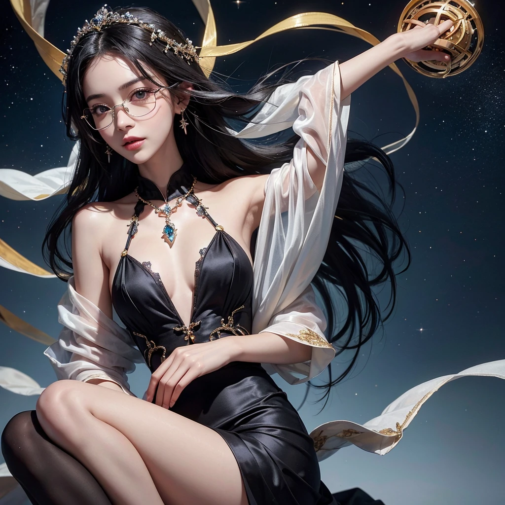 One girl,(Improvement of quality:1.4),(Highest quality real textured skin), Delicate face,Black Hair, Gradient Hair, body,(Perfect body:1.1), The forehead is decorated with jewels, Rimless glasses, Sparkling Eyes,Long eyelashes,Grin, Hyper Photorealism, Cinema Lighting, projected inset, Surrealism, Hyper HD, masterpiece, 16K,Lie,Keep dreaming,Wear sheer silk pajamas,Carmelite,Spread your legs a little,Got a tattoo,Fantasy Space,Extravagant space