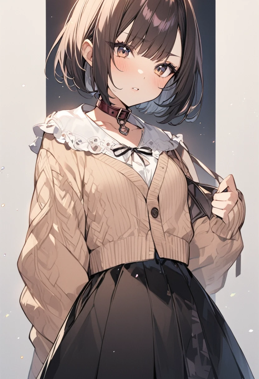 Blouse with collar、cardigan、skirt、girl、short hair、Bobcut