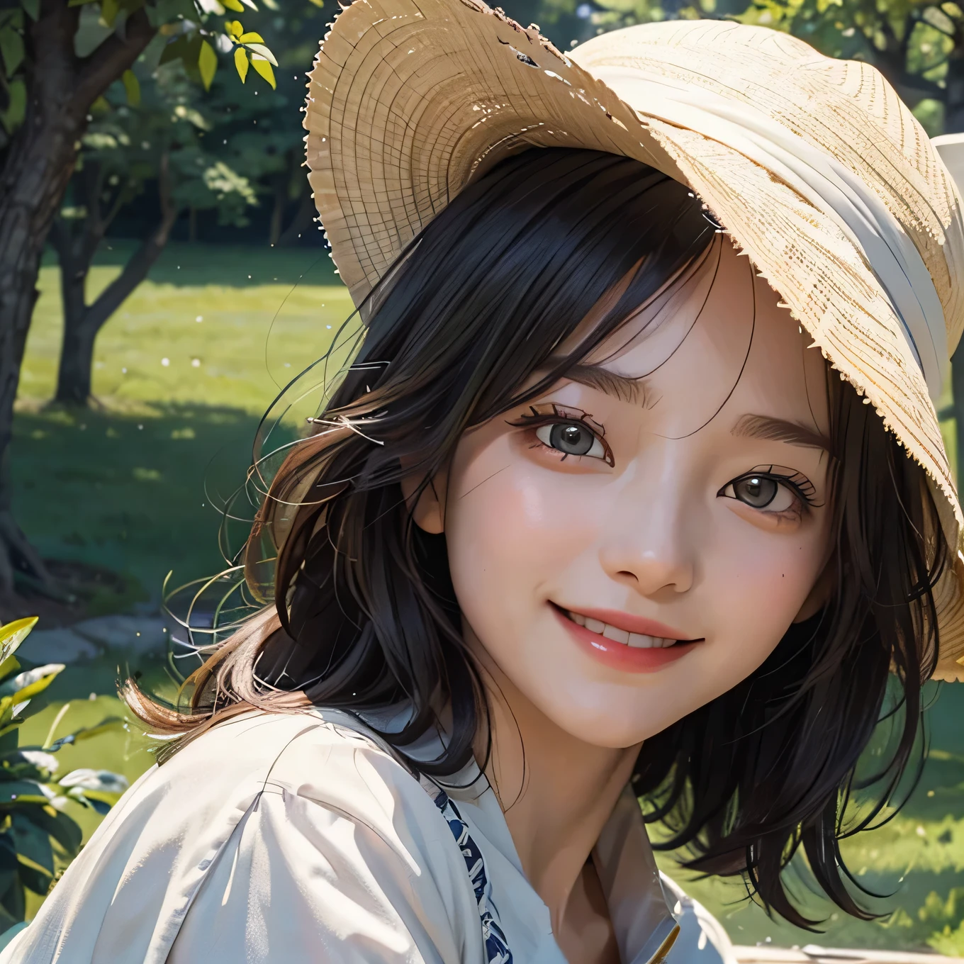Top quality, 8K, Illustration of light novel style with delicate drawings in the adventure genre. A close-up of the herbalist's face. She is wearing a summer hat and has a feminine bob hairstyle. She is sweating and blushing slightly, but smiling beautifully. Her smile is warm and gentle, showing her white teeth. Her eyes are green and almond-shaped, looking at the protagonist with gratitude and curiosity.medium body