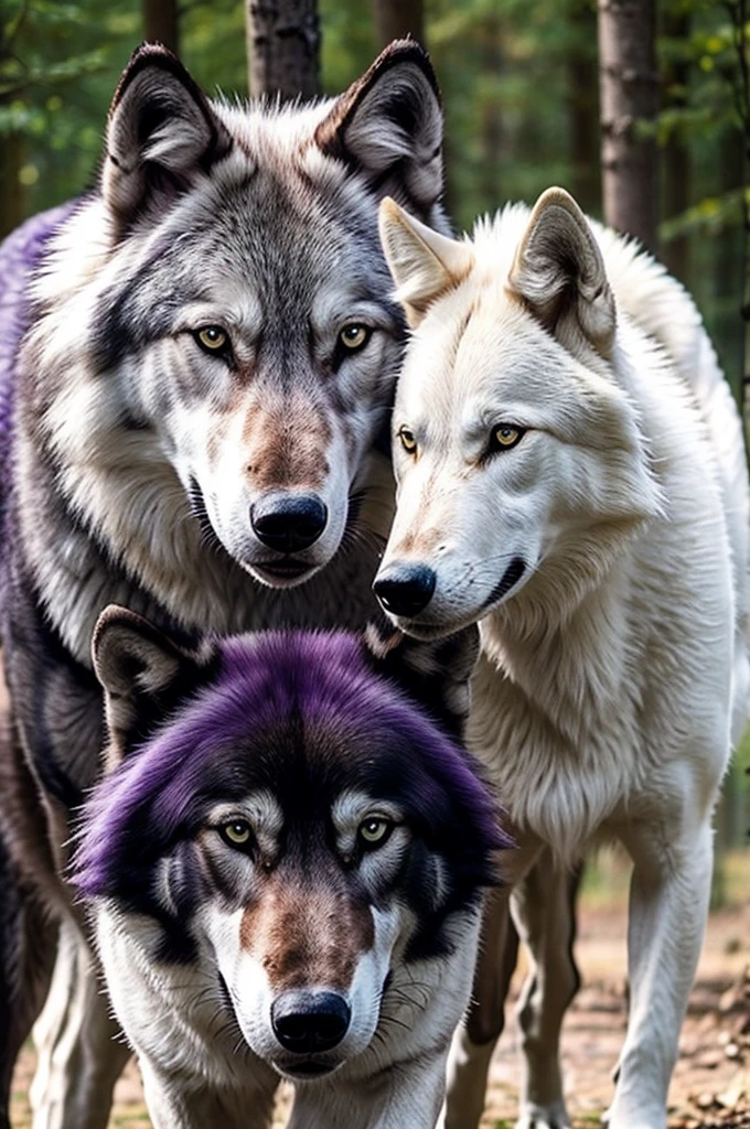 First encounter of a white wolf with purple eyes with a black wolf from the red noses