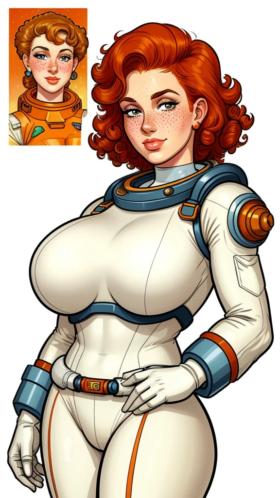 pretty woman, curly ginger hair, freckles, large breasts, rubenesque, space suit, white background, blank background, Retrofuturism, pinup. dieselpunk