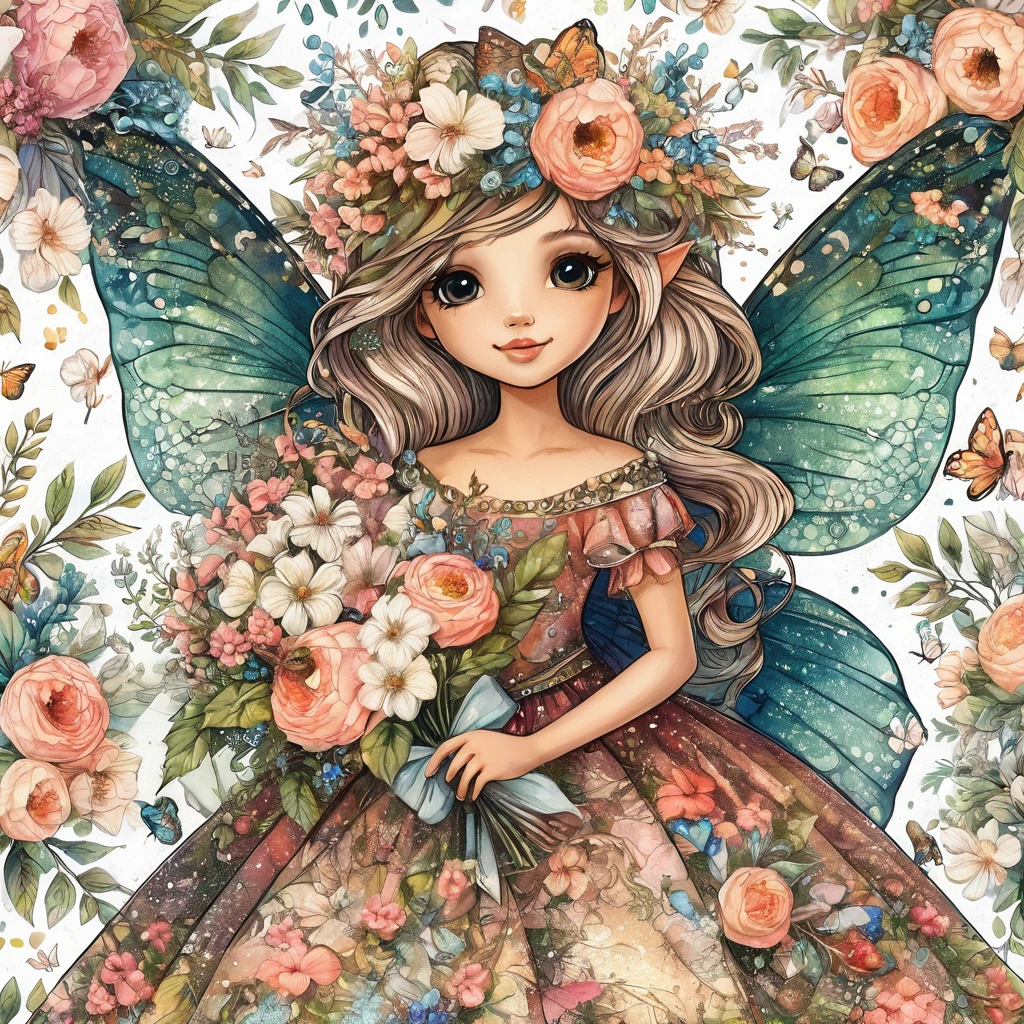 Close-up of a fairy holding flowers and butterflies, Beautiful fairy, Fairy portrait, Fairy portrait, Marie Angel, portrait of Fairy Princess, Beautiful fairy, Space Flower Fairy, Fairy Princess, beautiful adult fairy, Forest Fairy, Beautiful fairys, Cute and detailed digital art, Fairy Queen, queen of flowers, Flower Goddess, Wonderful like a fairy