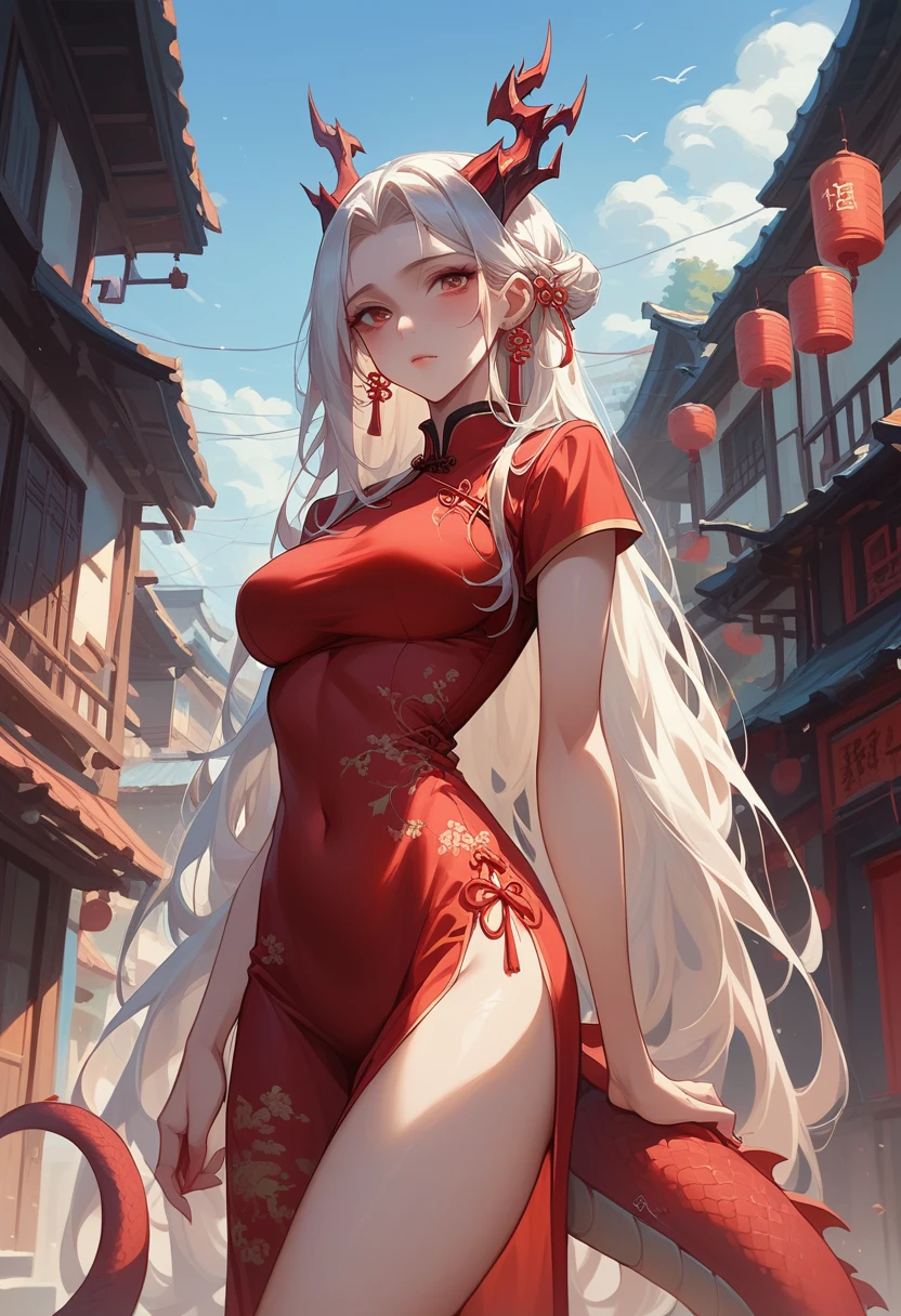 realistic image, coherent image, detailed image, 1 beautiful elf. She has silver hair, long hair. Yellow eyes, long eyelashes. Her face is oval and delicate. Smiling. She wears a red Cheongsam, side slits. She has a curvy body, medium breasts and thick thighs. Chinese temple, flower petals falling around. ambient light, volumetric light,