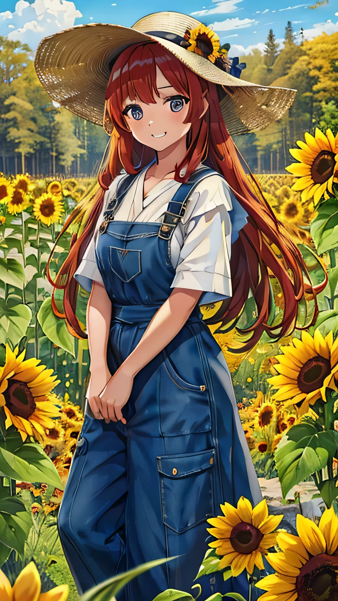 Vast sunflower field,Midsummer Sun,Braided Hair,Redhead,Dark blue overalls,Latest Design,Happy smile,Laugh a lot,Laugh heartily,Full Body Shot,Japanese,Young Girl, well-shaped eyebrows , Beautiful details, Big Eyes,Straw hat,Natural Makeup, Highly detailed skin, 8K quality, Highest quality, Realistic, Cinematic Light,young,,Latest Fashion,Masterpiece, Highest quality, High resolution,