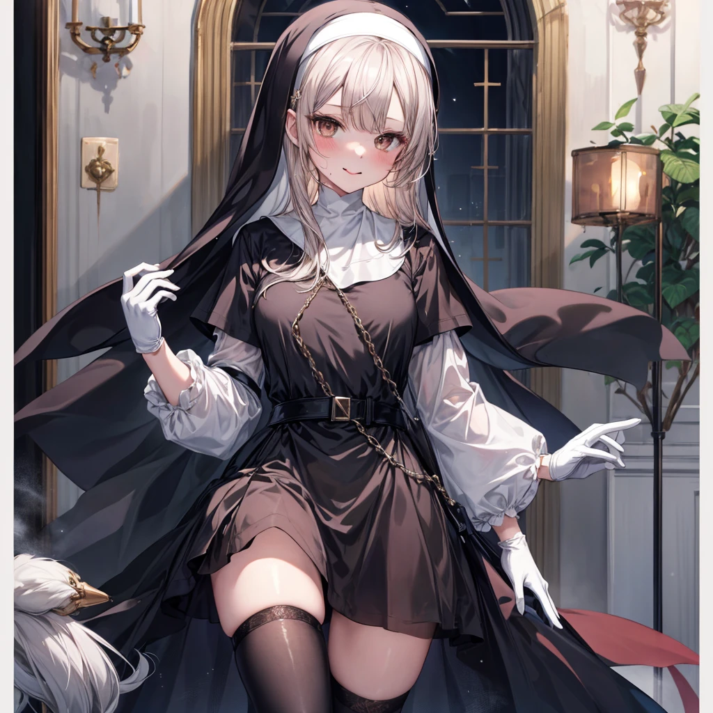 ((Highest quality)), ((masterpiece)), (detailed), a painting that is a woman dressed in clothes a nun or something, 1girl, 独奏, long hair, nun, dress, thighhighs, gloves, White Capelet, white gloves, tongue out, brown eyes, looking at viewer, tongue, black thighhighs, habit, blush, black dress, long sleeves, capelet, bangs, How