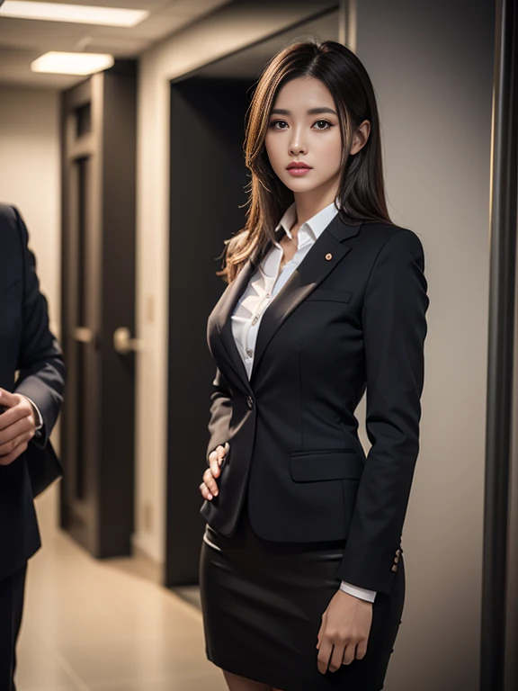 beautiful detailed woman, 1girl, slim body, business suit, black short tight skirt, standing, reality photography, photorealistic, 8k, HDR, studio lighting, physically-based rendering, extremely detailed, professional, vivid colors, sharp focus