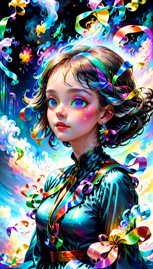 _james jean, floating female figure made of ribbons, smoke, in the sky, colorful and vibrant, mystical colors, contemporary impressionism, yanjun cheng portrait painting, iridescent painting, 3/4 perspective view, cute face, low angle, sweeping circling composition, large beautiful crystal eyes, big irises, UHD, HDR, 8K, (Masterpiece:1. 5), (the most beautiful portrait in the world:1.5)