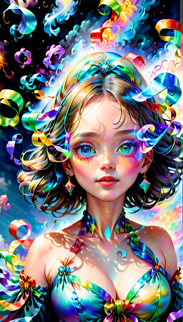 _james jean, floating female figure made of ribbons, smoke, in the sky, colorful and vibrant, mystical colors, contemporary impressionism, yanjun cheng portrait painting, iridescent painting, 3/4 perspective view, cute face, low angle, sweeping circling composition, large beautiful crystal eyes, big irises, UHD, HDR, 8K, (Masterpiece:1. 5), (the most beautiful portrait in the world:1.5)
