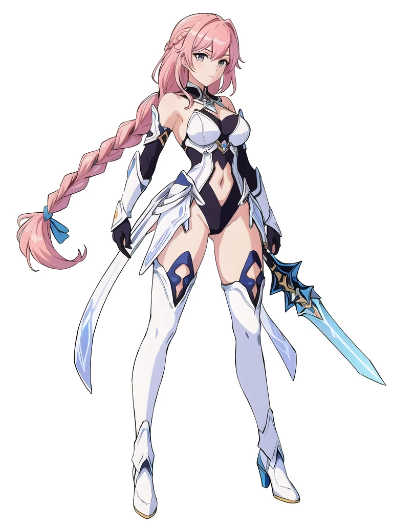 (((Best Quality))) , ((full body)), An adult female, (((white background))), variety of hairstyles, variety of design, gauntlets, leotard, body stocking, (cropped shoulders), holding great sword, gloves, stand posture, ((skyblue theme costume)), pink hair, thong, (braid),
