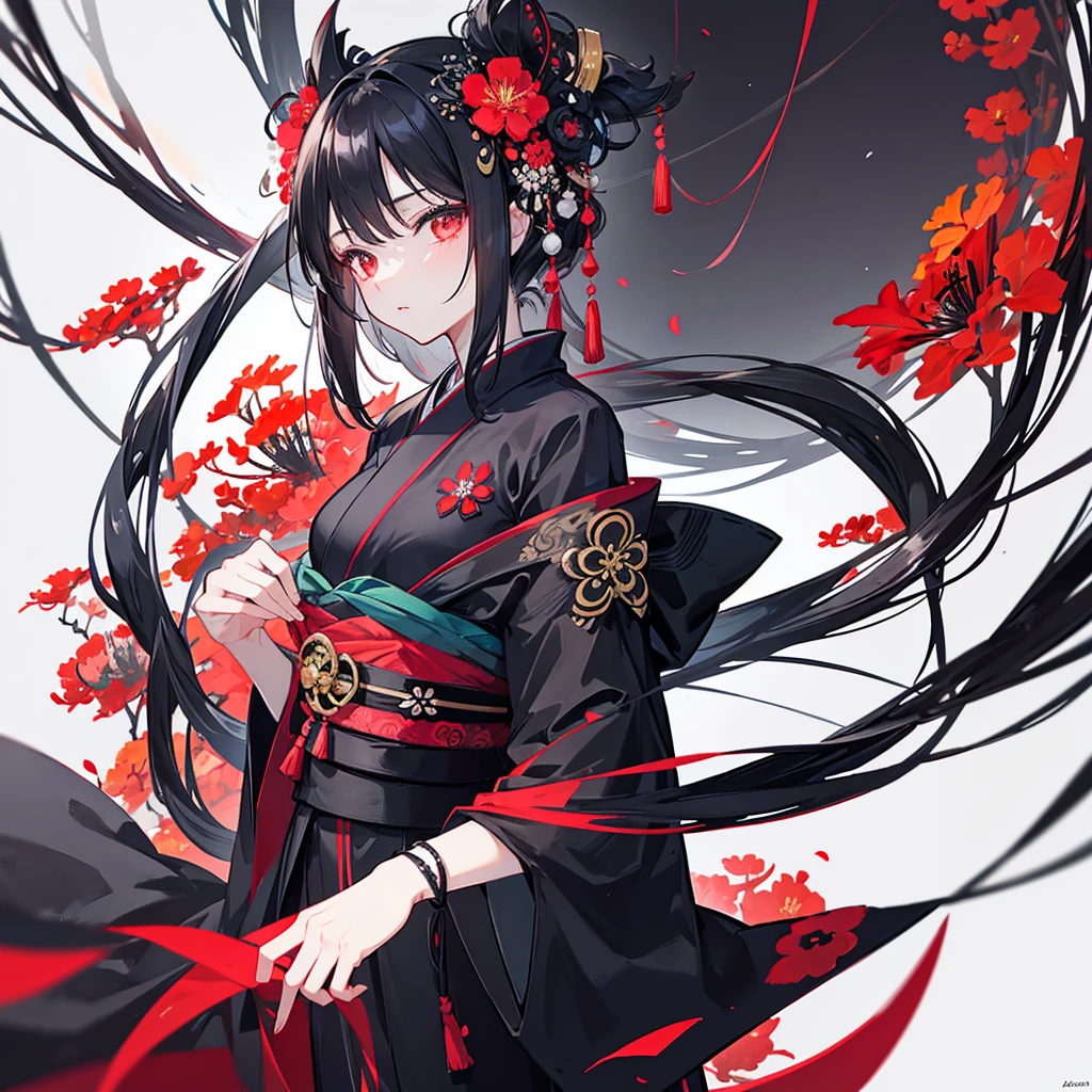 A black-haired woman wearing a black kimono with a red spider lily painted on it
