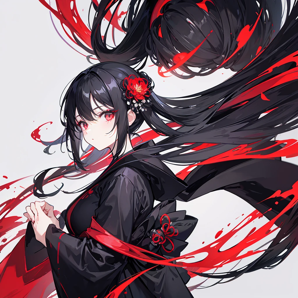 A black-haired woman wearing a black kimono with a red spider lily painted on it