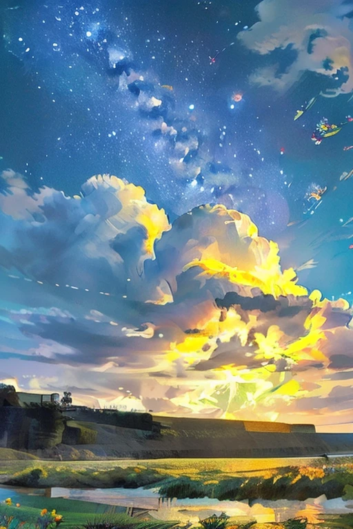 (landscape),(Meteors),(milky way),(Ocean),(summer),(Night Sky),(grassland),(Flower Field)