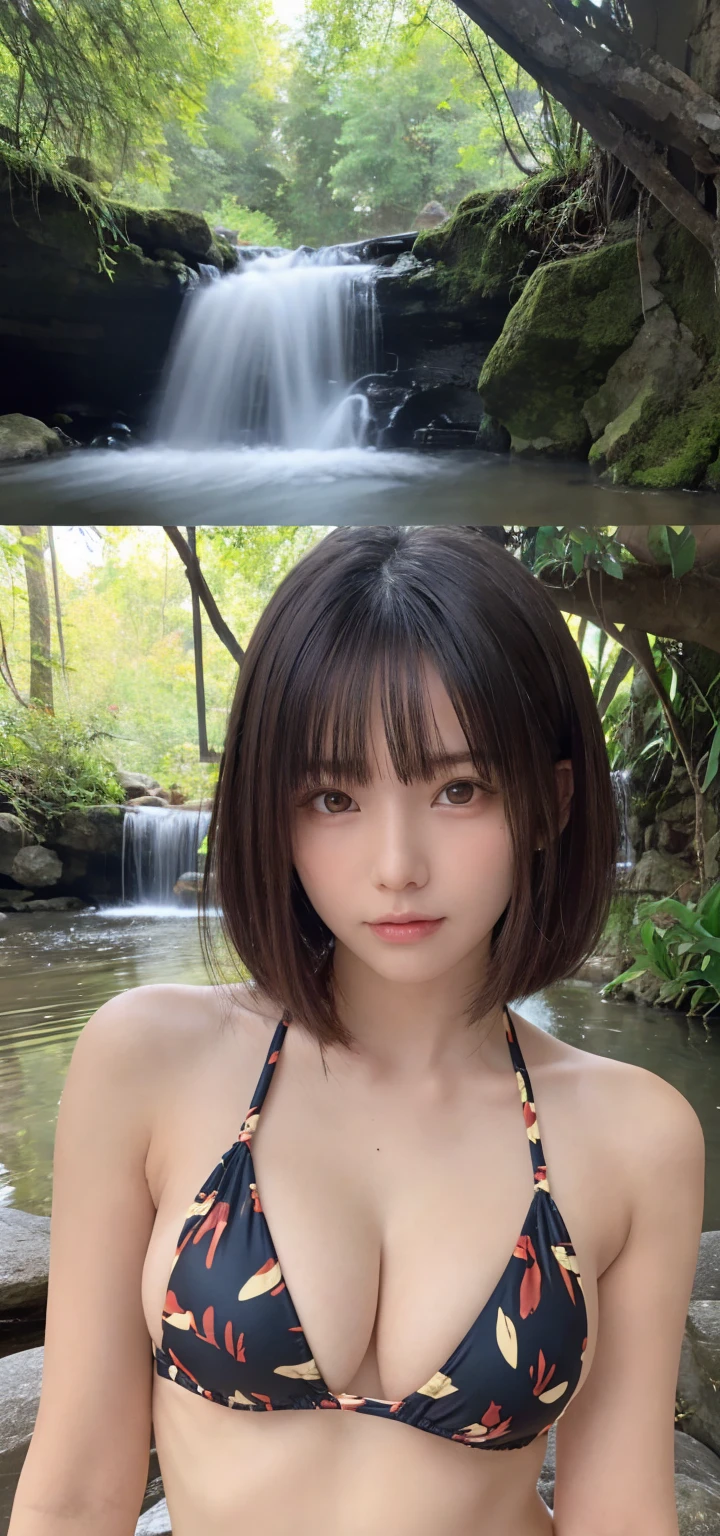 One Girl, (beautiful girl, Delicate girl:1.3), (16 years old:1.3),
break,  (Heart Print Bikini:1.2),
break, (Small waterfall　background:1.2),
break, Very beautiful eyes, (Symmetrical eyes:1.3),
break, (Big Breasts:1.3), Brown eyes, Parted bangs, Brown bob cut hair, Round face, cute,
break, (Eye and facial details:1.0),
break, (masterpiece, Highest quality, Very detailed, Detailed face, 8K)