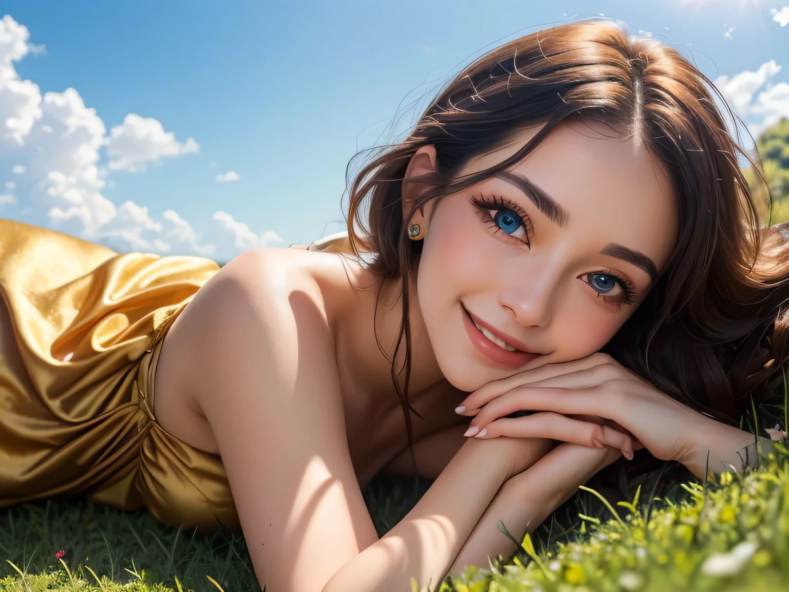 ((best quality)), ((masterpiece)), (detailed), woman 20 Years old ((Very detailed eyes and face)))), super beautiful body, lying on the grass, dressed in an ocher silk dress, looks towards the sky with her head resting on her hands, smiles, the reflection of the sun in her eyes, she is very happy, she is in love