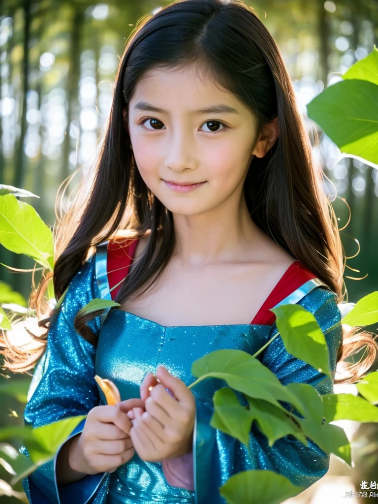 high quality, detailed, masterpiece, highest quality, 8K, Japanese, super beautiful girl, ((((9 years old:1.4)))), fairy, superman, hero, super lady, blushing cheeks, flat chest, large iridescent wings, thin magical clothing, ((clothing made of thin translucent large leaves)), flapping wings, sparkling eyes, clear eyes, soft rounded contours, detailed jawline, depiction from the top of the head to the tips of the toes, forest, a bundle of light sparkling in the dark night, pointed chest