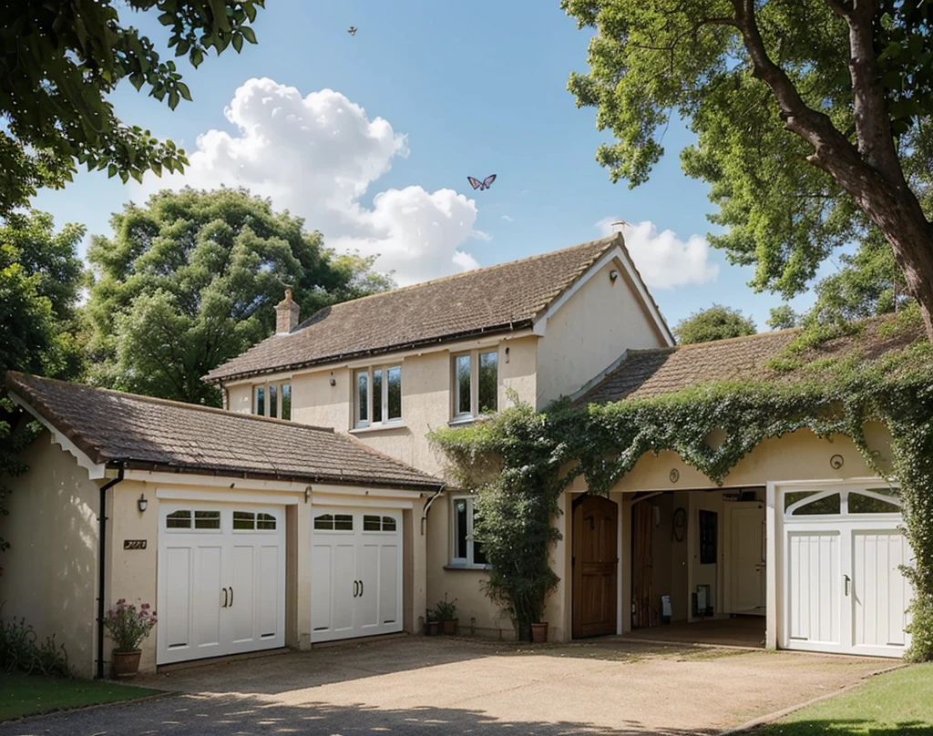 Draw a beautiful three bedroom house in small English town, with beautiful nature butterflies and birds. House also has a garage at the end of the driveway. Big window on the first floor