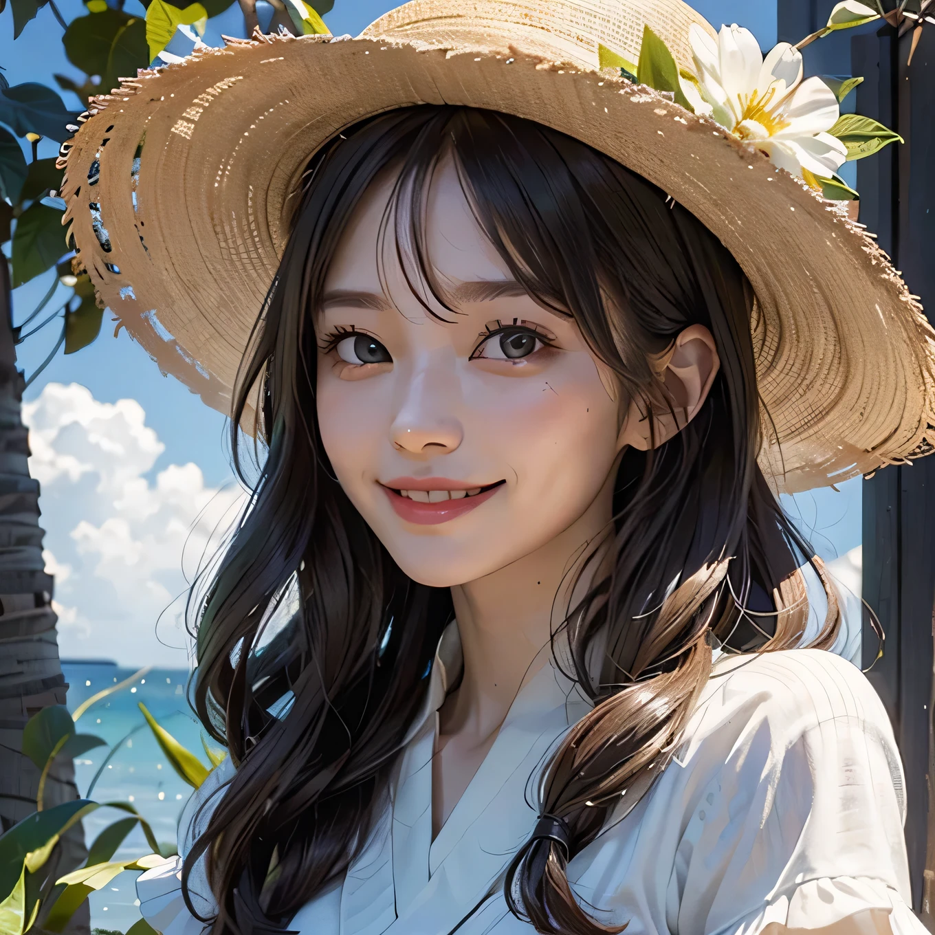 Top quality, 8K, Illustration of light novel style with delicate drawings in the adventure genre. A close-up of the herbalist's face. She is wearing a summer hat and has a feminine bob hairstyle. She is sweating and blushing slightly, but smiling beautifully. Her smile is warm and gentle, showing her white teeth. Her eyes are green and almond-shaped, looking at the protagonist with gratitude and curiosity.medium body