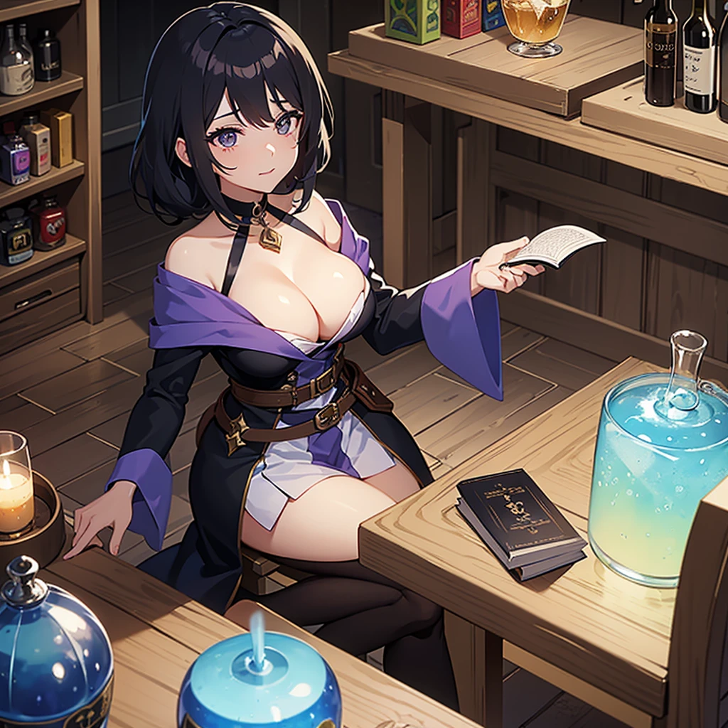 a woman holding a glass of liquid and a book, alchemist girl, she is in the potions workshop, glamor anime witch casting magic, anime moe art style, anime drinks energy drink, anime look of a beautiful girl, black hair wizard, I'm going to make fanart too, casting a spell on a potion, female protagonist 👀 :8, anime young man